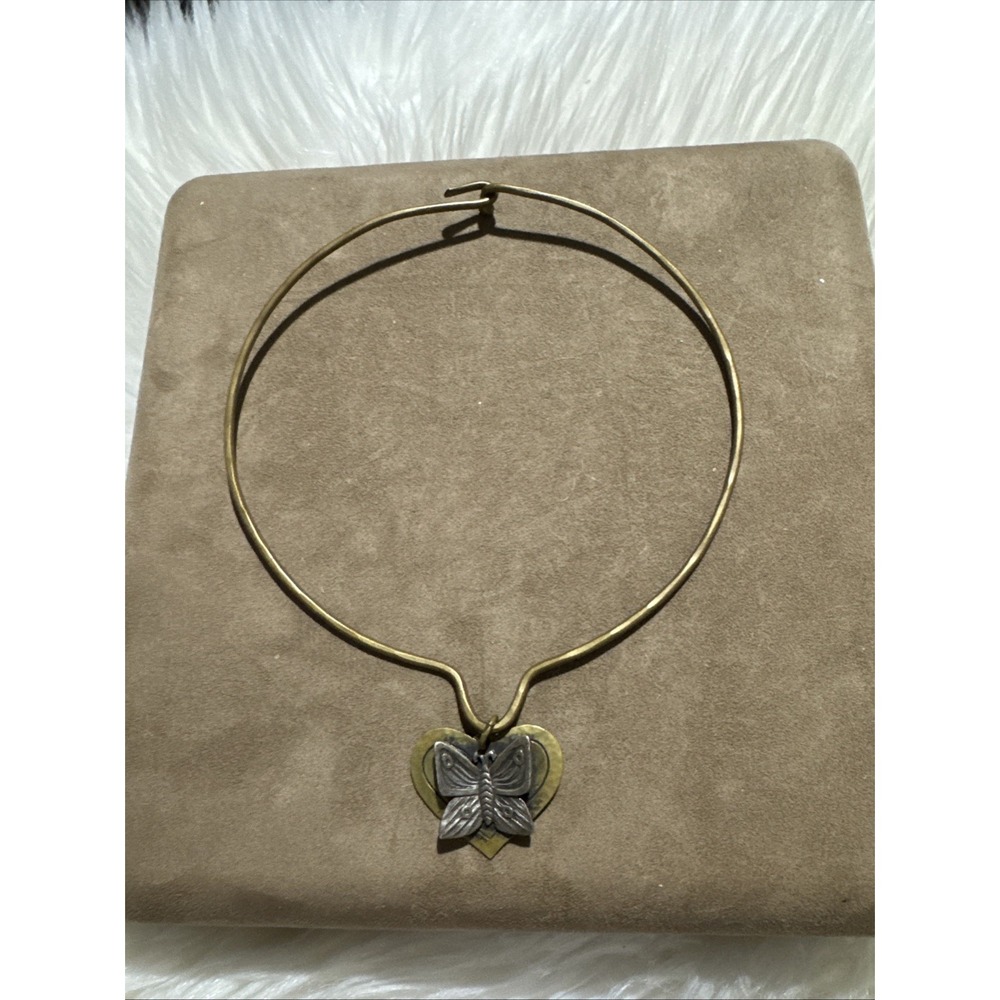 Jeep Collins Vintage Brass Sterling Collar Necklace Butterfly Heart 3D Design EC